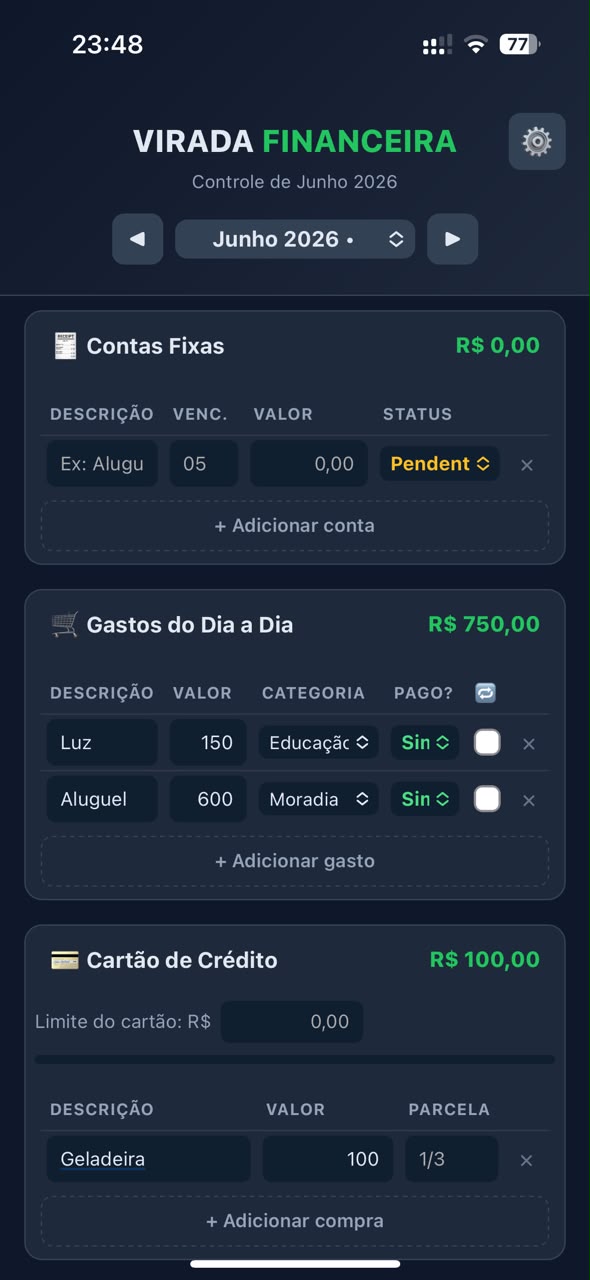 Tela de lançamentos do app Virada Financeira