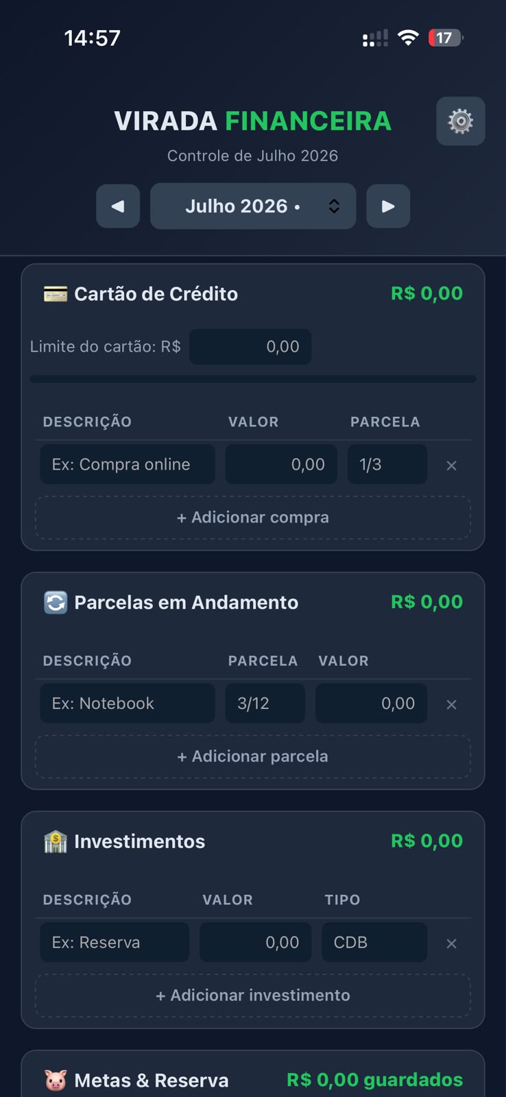 Tela de parcelas, investimentos e metas do app Virada Financeira
